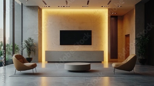 Obraz spacious office lobby features sleek digital signage board designed for branding opportunities. Comfortable seating and modern decor create inviting atmosphere for visitors.