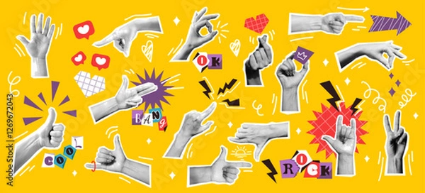 Fototapeta Contemporary art collage showcasing various hand gestures vector illustrations set. Graphic symbols and doodles of body language on yellow backdrop