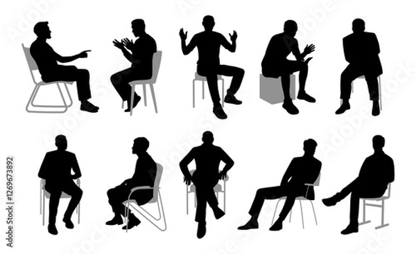 Fototapeta Silhouettes of men engaging in various postures and gestures in a minimalistic setting with chairs and stools
