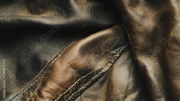 Fototapeta Close-up of a Distressed Brown Leather Jacket with Visible Stitching
