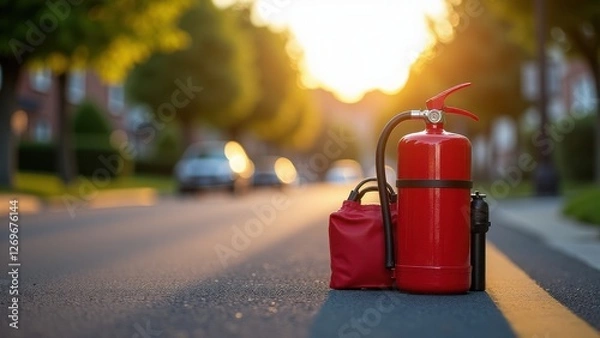 Fototapeta Emergency car kit, Suburban street with an emergency car kit featuring a fire extinguisher in focus photorealistic.