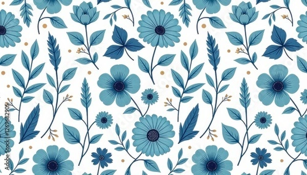 Fototapeta Vibrant Blue Floral Pattern on White: Intricately Detailed Harmony in Design. A pattern of blue flowers and leaves on a white background.