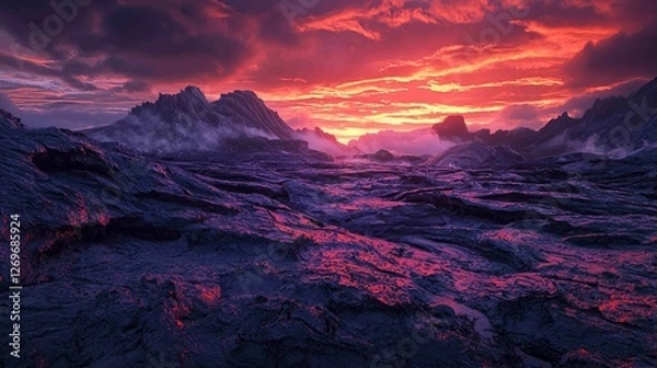 Fototapeta Dramatic Twilight Over Rugged Landscape with Fiery Sky and Clouds
