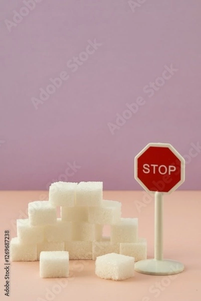 Obraz Sugar; Diabetes; No more sugar; Stop using so much sugar; Too much sugar; Sugar cubes with a stop sign