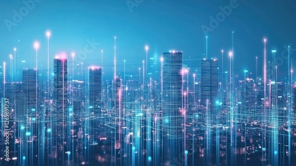 Fototapeta Futuristic city skyline with glowing data streams and modern architecture