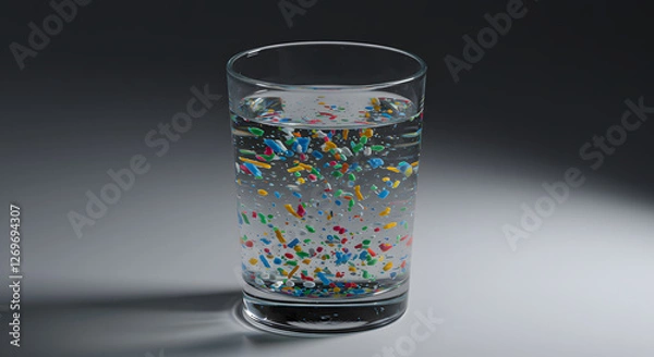 Fototapeta Glass of Water with Colorful Plastic Pieces Showing Microplastics Pollution
