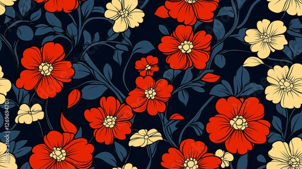 Fototapeta Seamless floral pattern featuring elegant red and yellow flowers blooming gracefully on a dark blue background, creating a captivating design