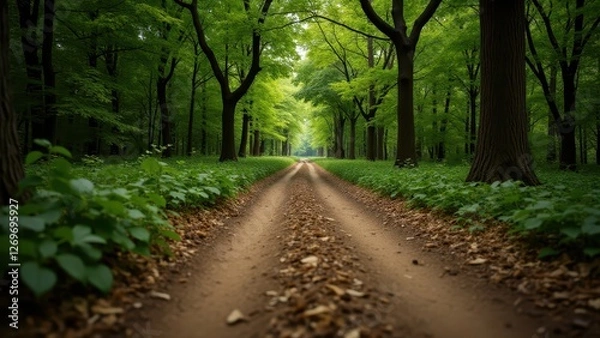 Fototapeta Rain boot tracks, Forest pathway with arching trees distinct boot tracks in the soil.