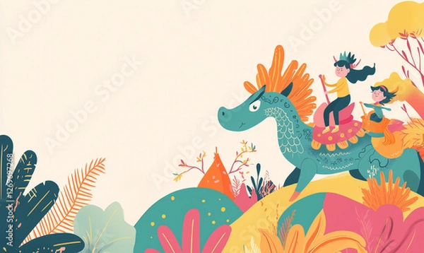 Fototapeta Colorful illustration of a dragon carrying riders through a vibrant, whimsical landscape.