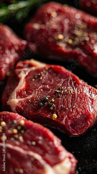 Obraz Close-Up Macro Shot of Juicy Raw Meat with Rich Texture and Seasoning