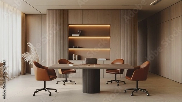 Fototapeta Modern minimalist office with warm neutral tones. Features a sleek rectangular wooden table with a dark cylindrical base, surrounded by four elegant burnt orange chairs creating a stylish and product.