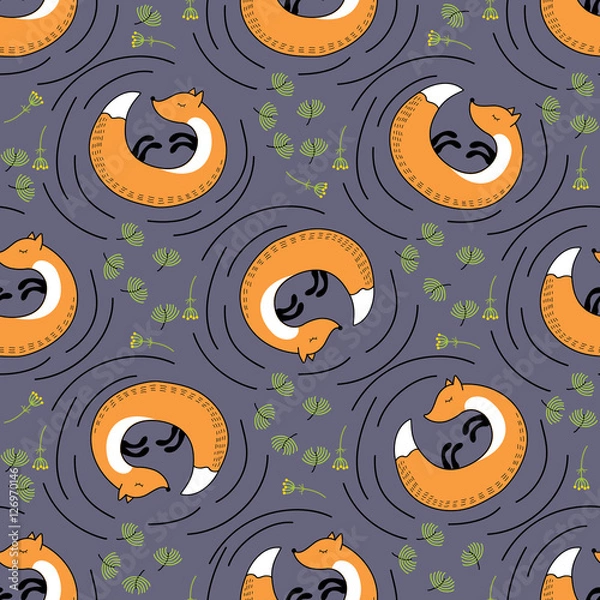 Obraz Orange foxes, plants and pine vector seamless pattern