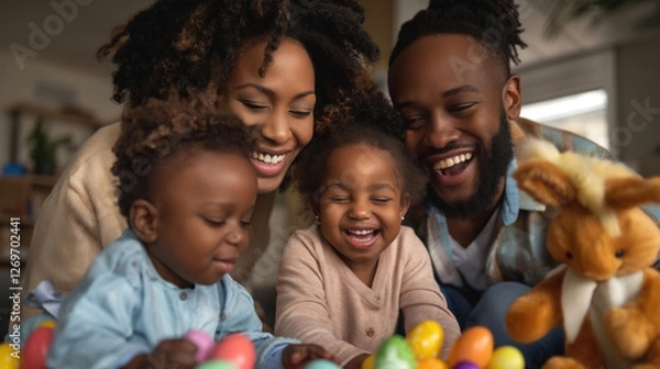 Fototapeta Black family members gather around to celebrate Easter, happily engaging in a lively egg hunt with bright, colored eggs