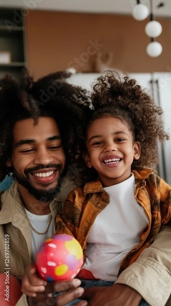 Fototapeta A joyful Black father and daughter are celebrating Easter together indoors, holding a brightly colored egg and smiling widely