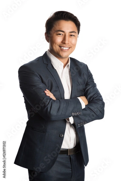 Fototapeta A well dressed businessman in a blue suit and white shirt, standing against a white background smiling towards camera.