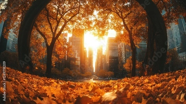 Fototapeta Autumnal city park scene with golden leaves and skyscrapers. Sunlight filters through fall foliage.