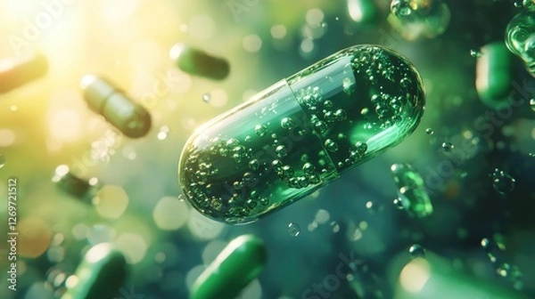 Fototapeta A close-up of floating green capsules in a bright, ethereal environment.