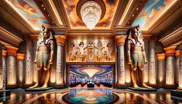 Fototapeta a luxurious Egyptian-style casino slot machine adorned with hieroglyphics and golden accents, offering an exciting and mystical gaming experience with ancient symbols and rich, vibrant visuals