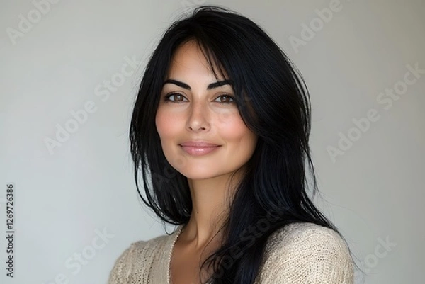 Fototapeta A gorgeous Middle Eastern woman in her mid-40s with deep black, silky hair. Close-up of her beaming with confidence, glowing skin, and a joyful expression. white background.

