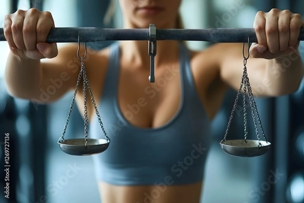 Fototapeta Fitness and Balance . Symbolic Image of a Woman Holding a Bar with Scales, Representing Health and Lifestyle Choices. Health Over Weight, Lifestyle Choices