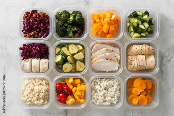 Fototapeta Healthy Meal Prep Containers with Assorted Vegetables, Rice, and Protein – Balanced Diet and Clean Eating Concept