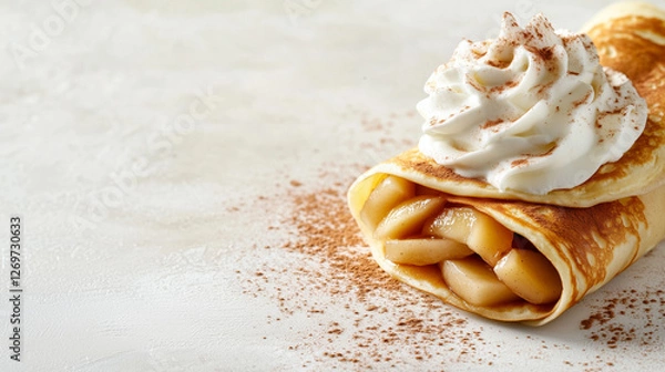 Fototapeta Rolled crepes filled with caramel apples and cinnamon, topped with fresh whipped cream and cinnamon.