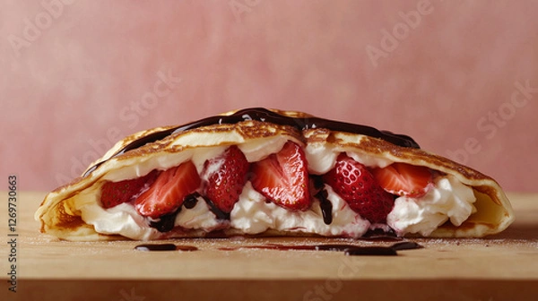 Fototapeta Crepe folded in half filled with fresh strawberries, whipped cream and topped with chocolate sauce.