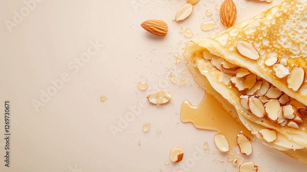 Fototapeta Crepes filled with honey and almond paste, garnished with sliced â€‹â€‹almonds and drizzled with honey.