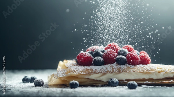 Fototapeta Crepes filled mascarpone cheese and topped with raspberries and blueberries, dusted powdered sugar.