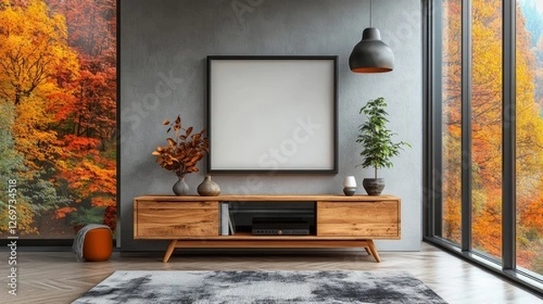 Fototapeta In a modern and stylish setting, a minimalist interior design features a wooden cabinet against a blank wall, offering an empty area for a design mockup and background