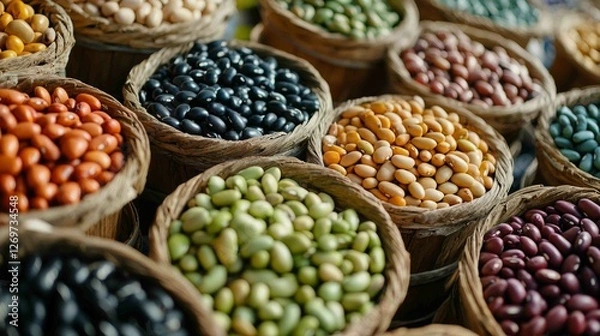 Fototapeta Vibrant Array of Beans in Local Market Baskets Displaying Fresh Produce