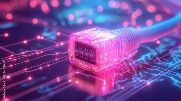 Fototapeta A high-performance data center showcases a futuristic network switch with glowing ethernet cables, highlighted by neon light trails and dynamic, vibrant designs, embodying connectivity