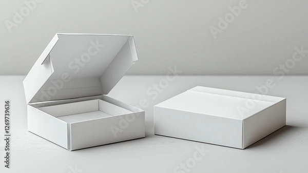 Fototapeta Two white cardboard boxes, one open and one closed, on a white background, symbolizing packaging, delivery, storage, and organization.
