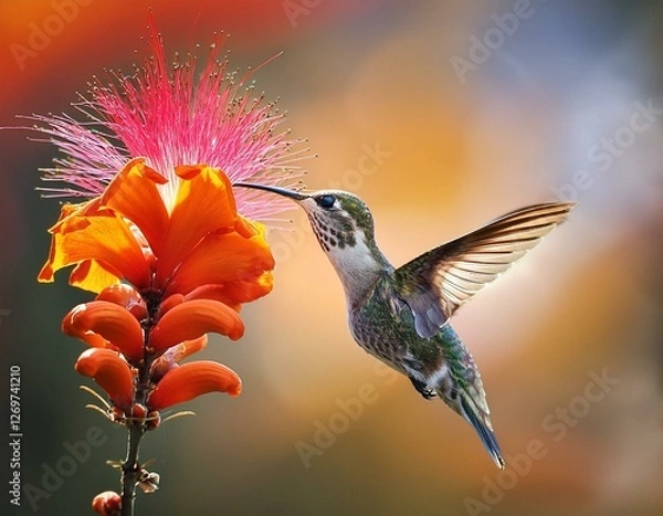 Obraz humming bird feeding on nectar flower and bird humming bird flower