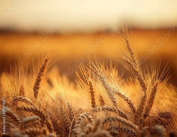 Obraz close up photo of wheat stalks with a blurred wheat field in the background