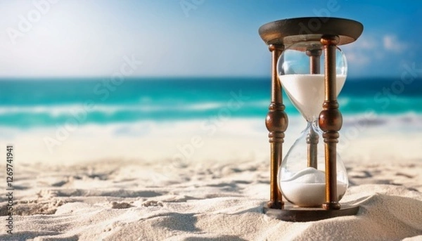 Obraz hourglass with white sand against a blurred beach background
