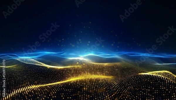 Obraz blue yellow digital particle wave and light background cyber or technology background