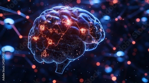 Obraz 3D illustration of a digital brain with glowing neural pathways and data visualizations.