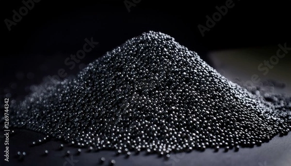 Obraz close up of black plastic granulate on dark background highlighting polymer resin materials for injection molding processes