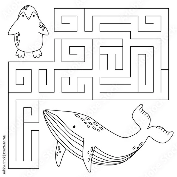Fototapeta Animal maze game for kids. Cute whale looking for a way to the penguin. Printable worksheet with solution for school and preschool. Vector cartoon illustration. 