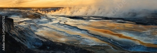 Obraz Geothermal Landscape at Golden Hour Sunrise Steam