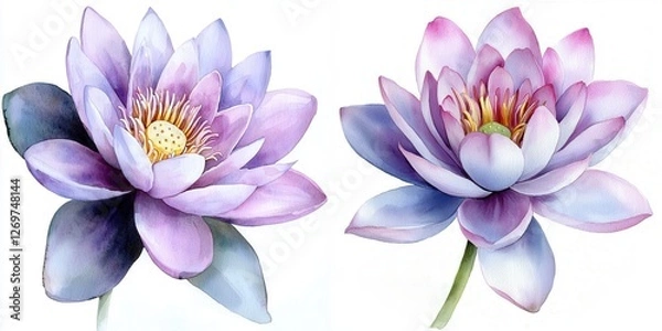 Obraz Watercolor painting of a purple water lily lotus flower on white background with delicate brush strokes
