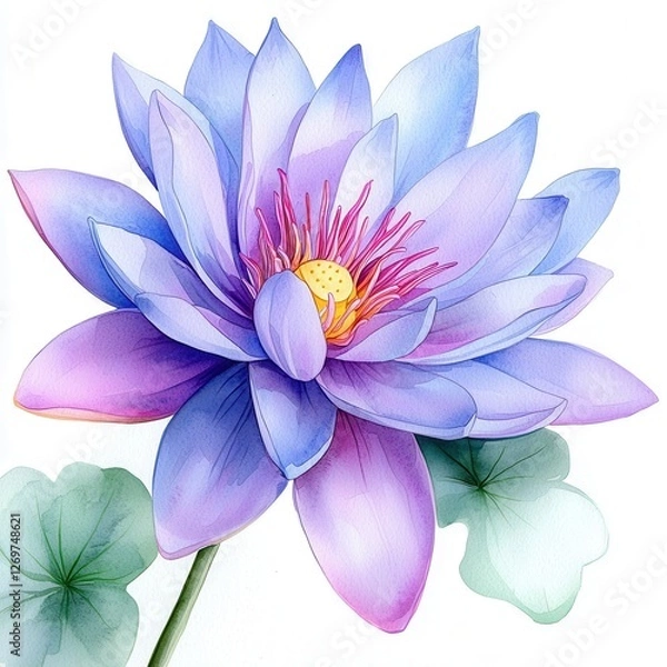 Obraz Watercolor painting of a purple lotus, water lily flower on white background for art and decor