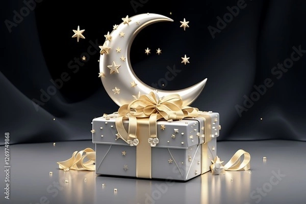 Fototapeta Elegant Eid gift box with a golden crescent moon and stars, wrapped in luxurious ribbons on a dark background.