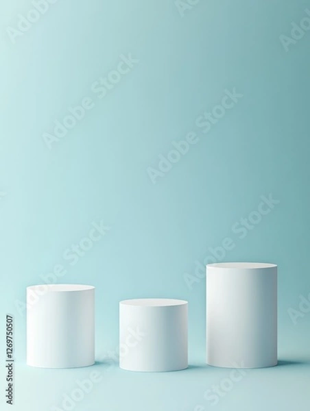Obraz Display of Three White Cylindrical Pedestals Against a Light Blue Background Showcasing Modern Minimalism and Design Aesthetics