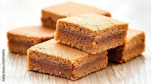 Fototapeta Golden Brown Square Pastries with Caramel Filling on Wooden Surface