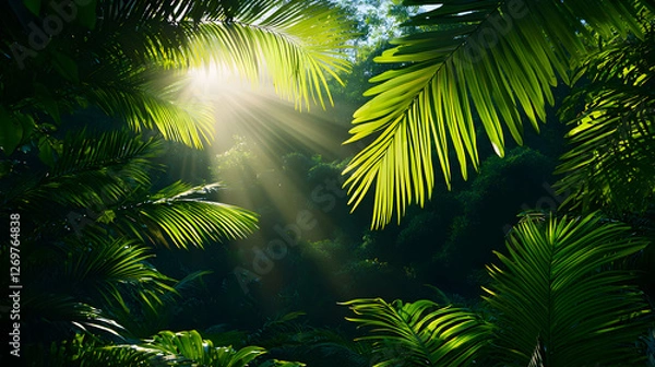 Obraz Dense Jungle Canopy with Sunlight Breaking Through Green Leaves Pixel Art