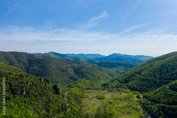 Fototapeta The Vis national forest in Europe, France, Occitanie, Herault, Saint Maurice Navacelles, in summer, on a sunny day.