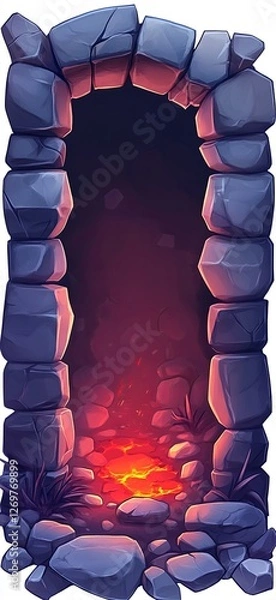 Obraz Fantasy Stone Archway with Glowing Lava Portal for Mobile Game Level Design, Stylized 2D Illustration