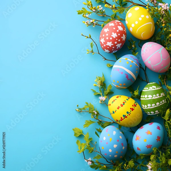 Obraz Colorful Easter eggs with floral decorations on a blue background, flat lay, copy space concept.